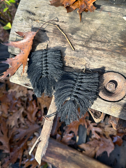 Oversized Macrame Leaf Earrings • Black