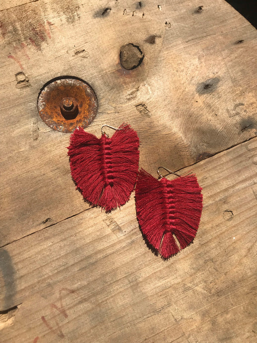 Macrame Leaf Earrings • Garnet